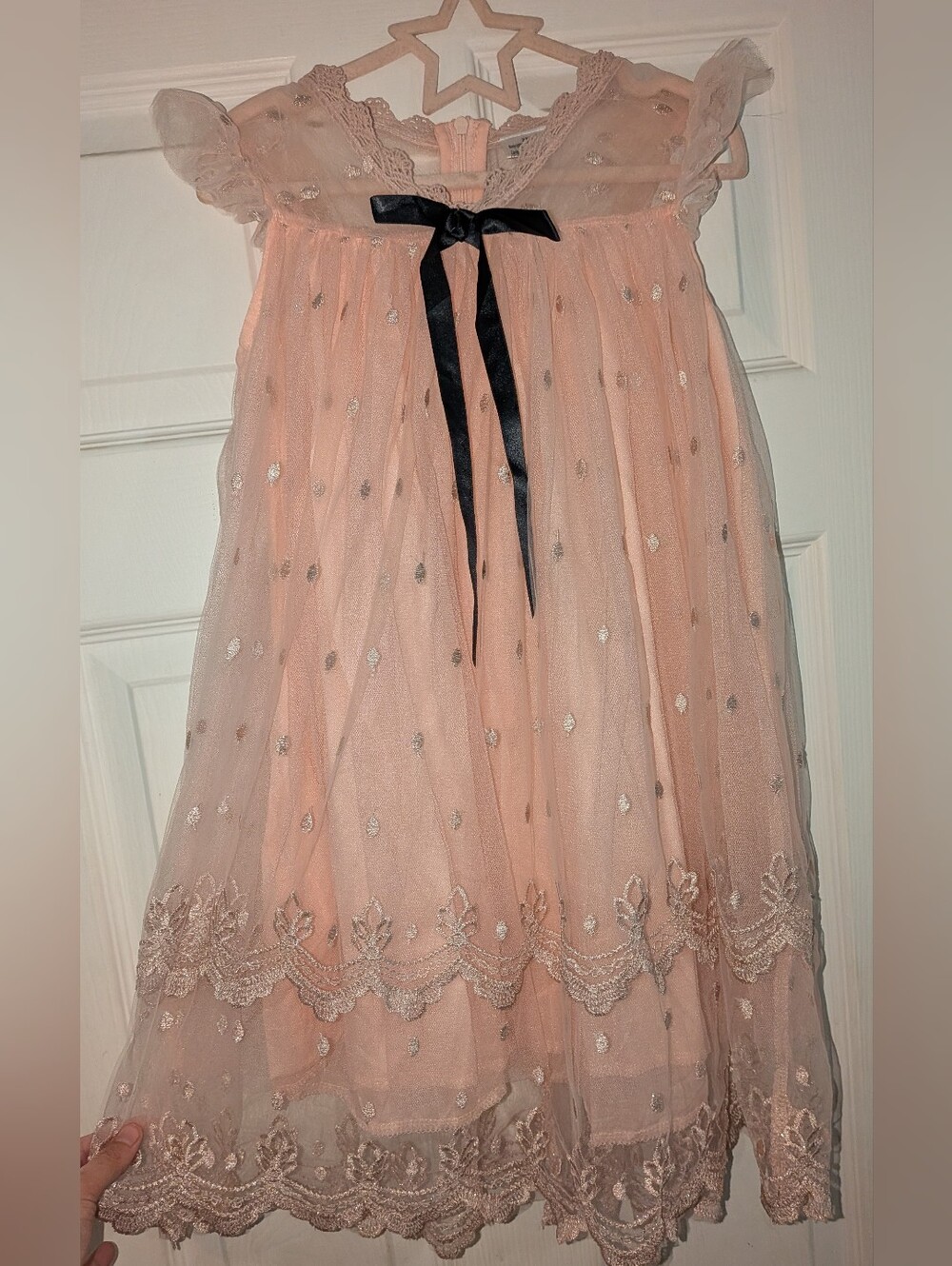 Girls Peach Embellished Tulle A-Line Dress with Black Bow. Size 2xl ( 6/7)